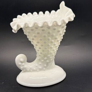 Fenton Vintage Hobnail Milk Glass Cornucopia Vase Cottage Core